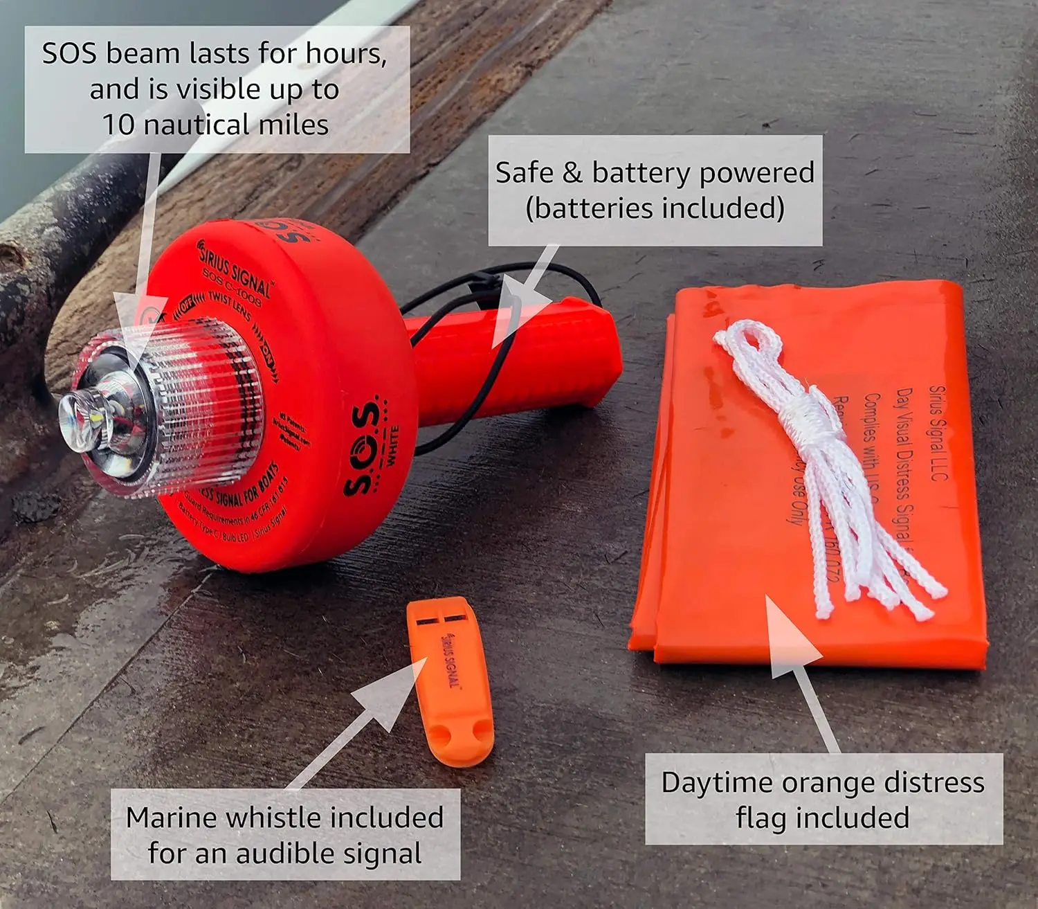 C-1003 SOS LED Flare Electronic Visual Distress Signal Kit with Daytime Distress Flag and Whistle-CG Approved