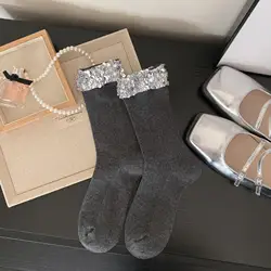Women's Fashionable Elegant Mid Tube Sequin Cotton Socks - One Size (Grey)