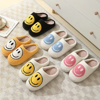 Fuzzy Smile Face Women man Slipper Kawaii Cartoon Plush Contton Indoor Funny Cute Winter Warm Floor house Home Non slip Shoes 1
