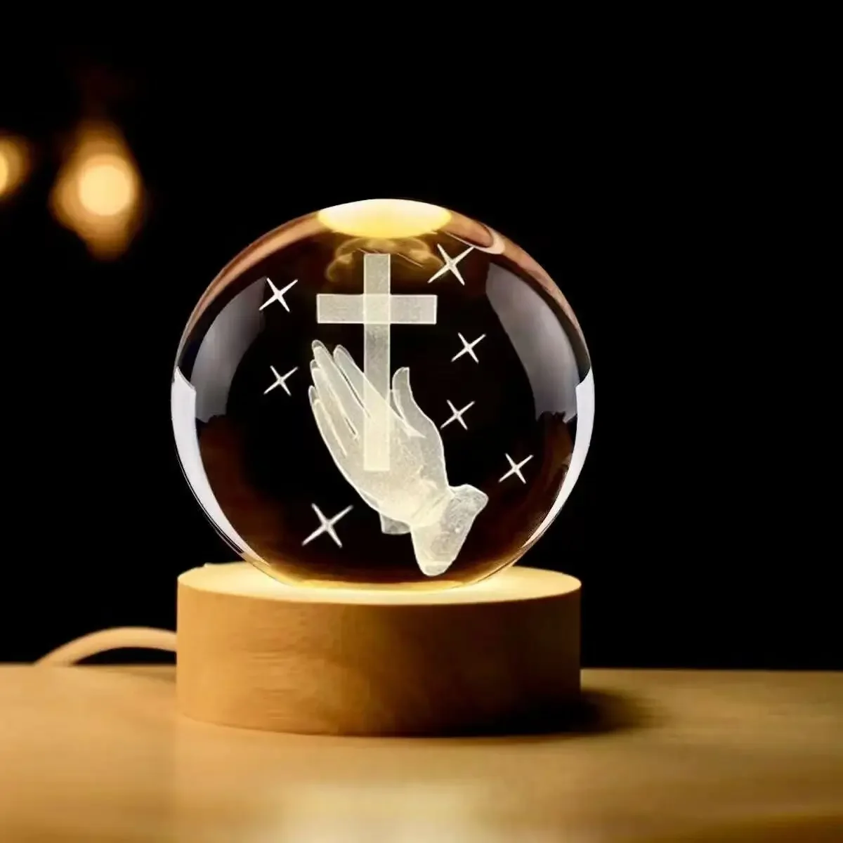 3D Crystal Ball Cross Hand Multicolor 3D LED Night Light Praying Hands Gifts for Women Man Christian