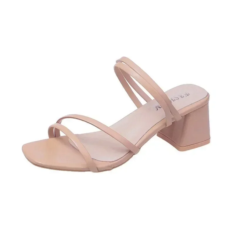 Women Sandals Ladies Square Heels Elegant Summer Slippers Outside Cross Tied Leather Female Slides 2024 Fashion Woman Sandals