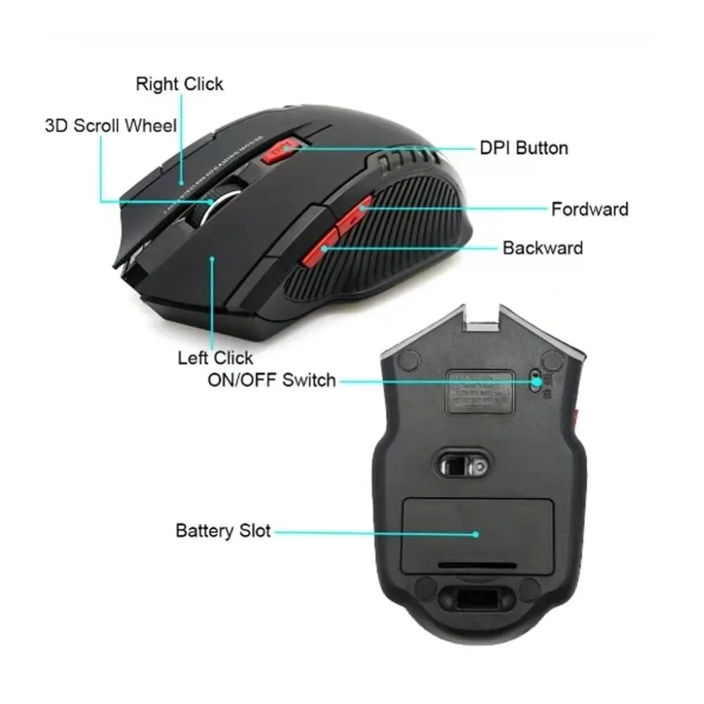 Wireless Mouse Optical 1600DPI 6 Buttons Gamer USB Receiver Computer PC Laptop Accessories