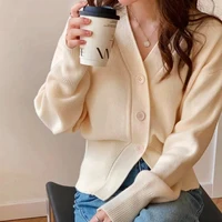 French Lazy Style Knitted Cardigan Sweater Autumn V-neck Tops Gentle Apricot Cardigan Sweet Long Sleeve One Size Sweater 7768
