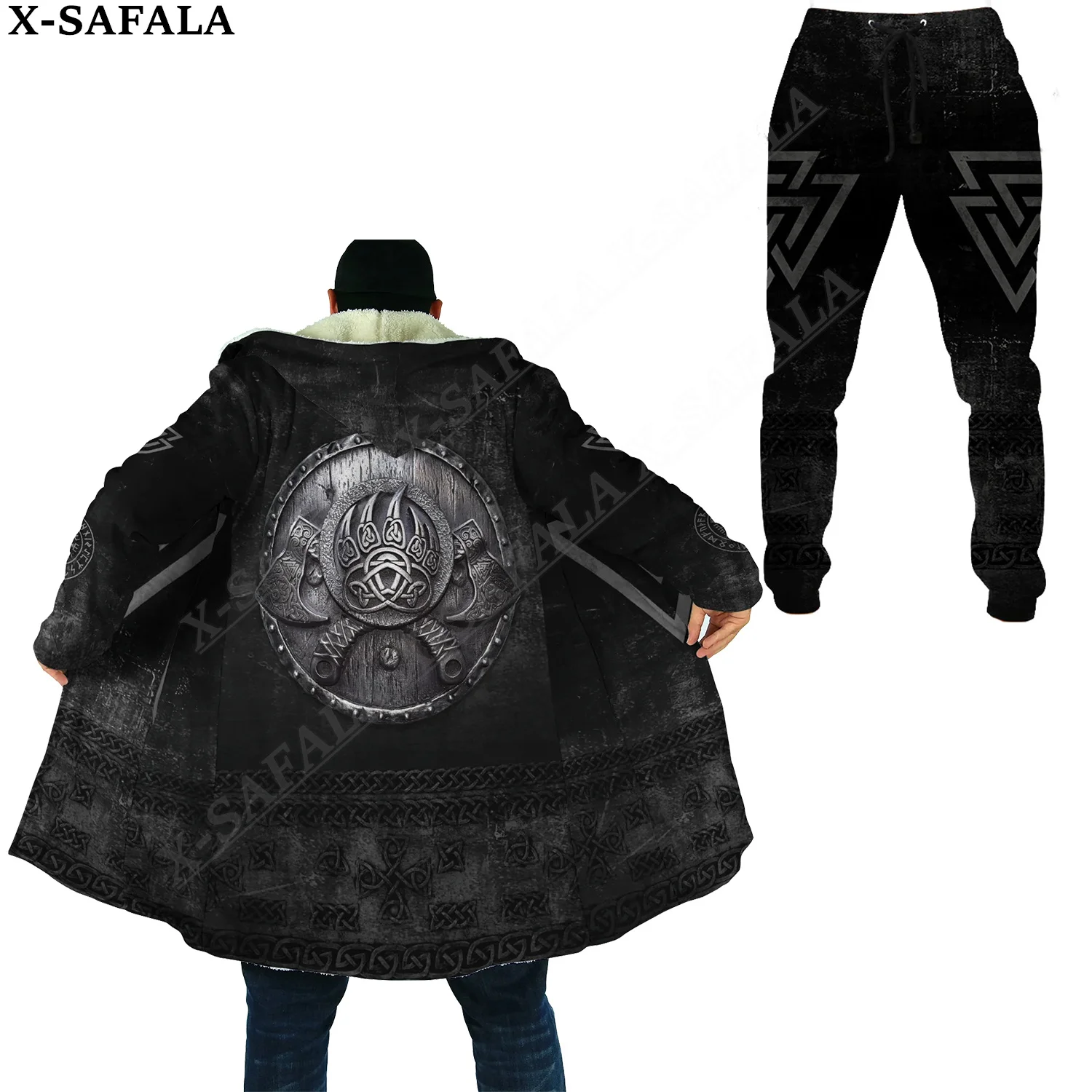

Tattoo Symbol Viking Thick Warm Hooded Cloak Sweatpants Combo Set Overcoat Coat Windproof Fleece Unisex Long Joggers Trousers-10