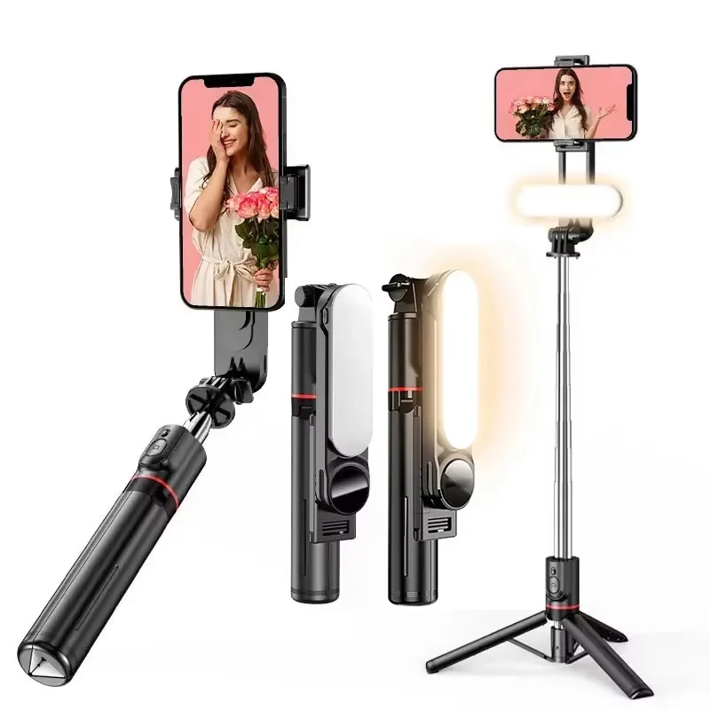 Selfie stick wireless Bluetooth, treppiede pieghevole e portatile con luce di riempimento e telecomando per smartphone per video._voghion.com