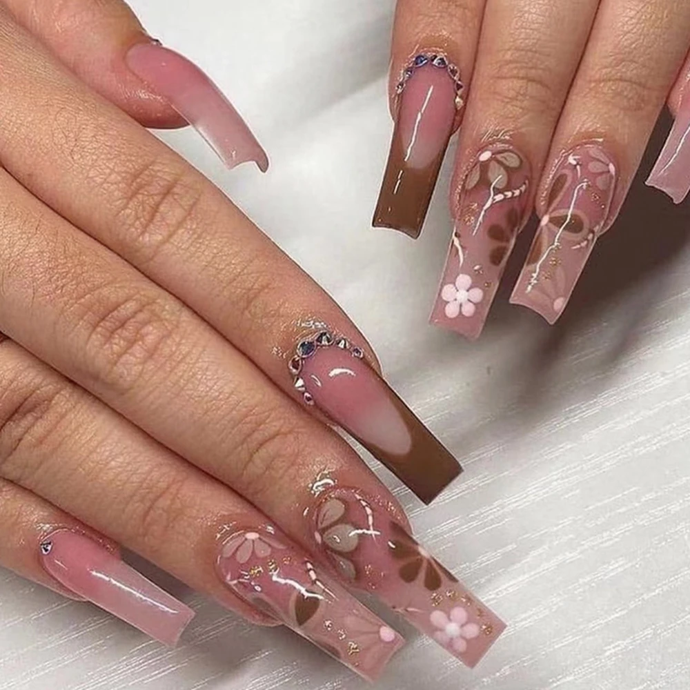24pc With Diamond French Fake Nail Flower Designs Ballet False Nails Press  On Nail Detachable Long Coffin Fake Manicure Tips - False Nails - AliExpress