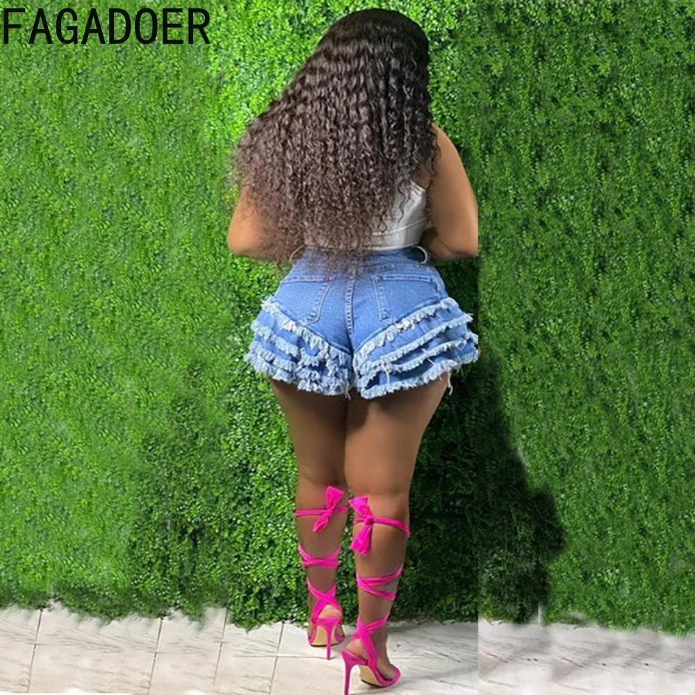 Fagadoer Fashion Ruffles Denim Shorts Women High Waist Tassels Blue Leisure Women Streetwear Vintage Denim Shorts New 2023