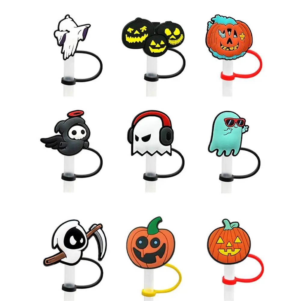 

9PCS Silicone Spill Proof Stopper Set Halloween Straw Stopper Reusable Cartoon Straw Cover Drinking Straw Cap Food-Grade Quality