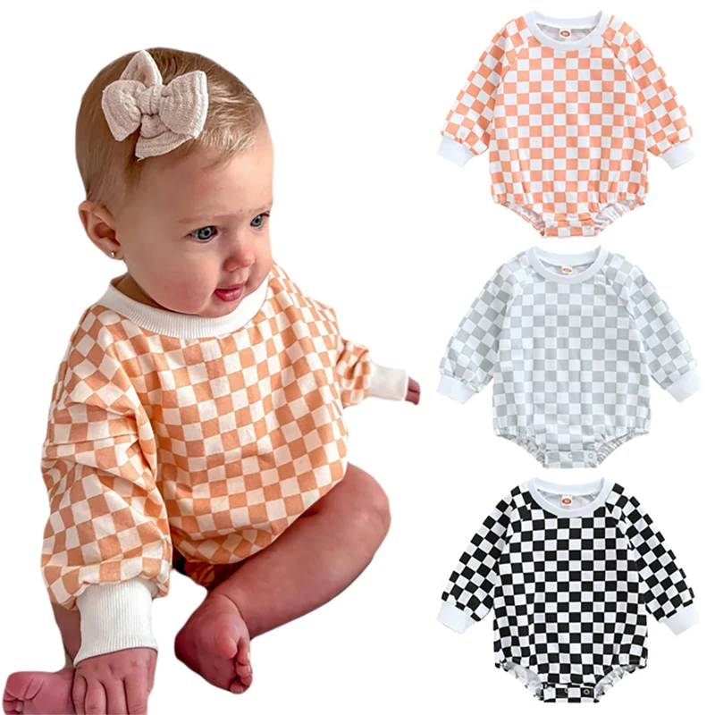 

New Arrival Autumn Comfortable Baby Clothes Boys Girls Soft Jumpsuit Round Neck Plaid Long Sleeve Rompers Newborn Infant Costume