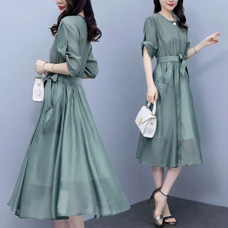 

Casual Women Solid Color Tencel Dress Summer 2023 New High end O Neck Short Sleeve Fashion Style Slim Mid length Dress Female