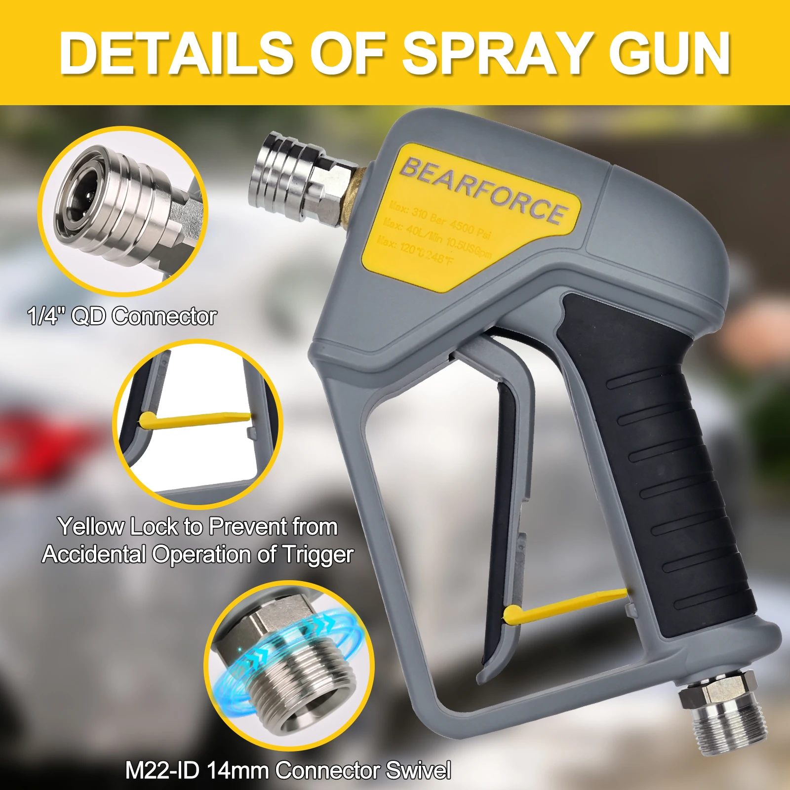 베어포스 고압세척기 스프레이 워터건 (M22-14mm 입구 수형 스위블 및 1/4인치 퀵 커넥터 포함, 노즐, 워터건, 폼 캐논용)