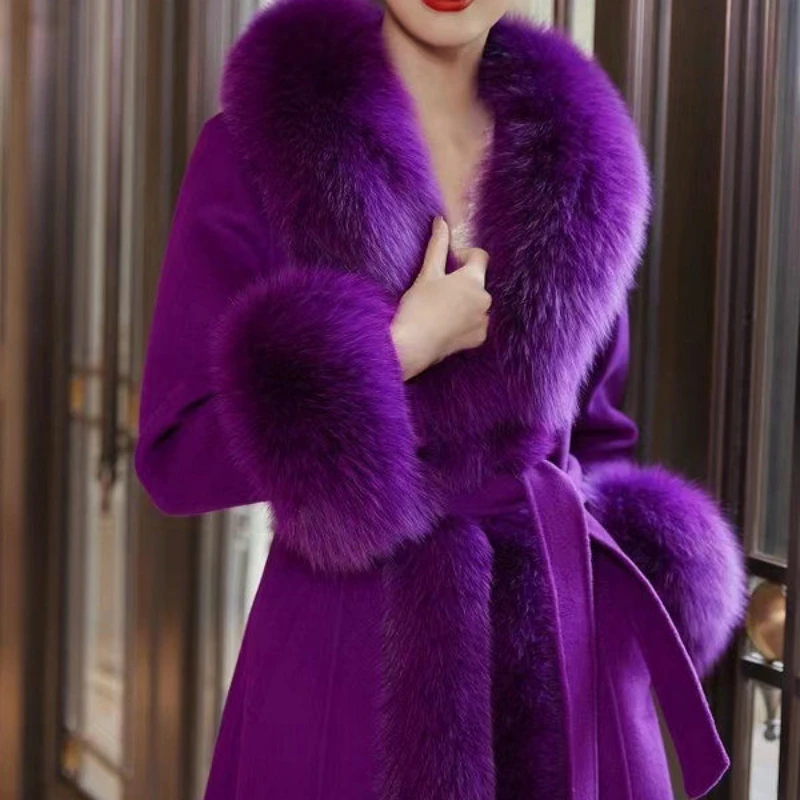 Mink Coat Women's Long Cashmere Jacket Winter Fox Fur Collar Extra Thick Parkas Woolen Overcoat Tiktok New Imitation Fur Outwear