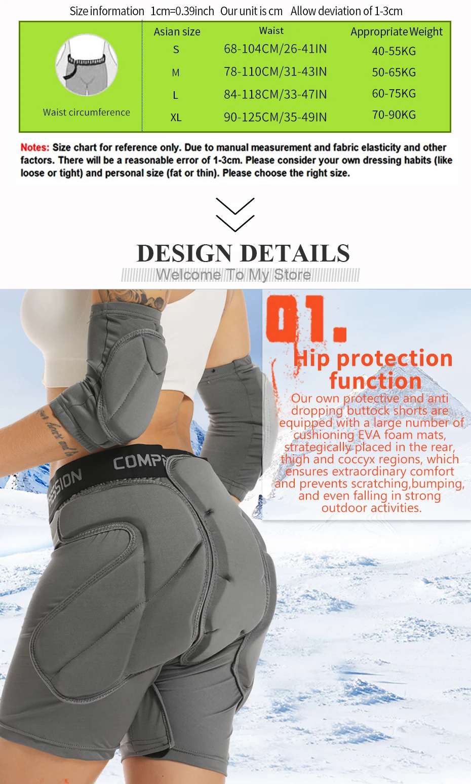 Description Picture 4 of itemMen's Women Outdoor Snowboard protection Hip Padded Shorts Sport Short Pants for Skating Sports Protective Snowboard Shorts
