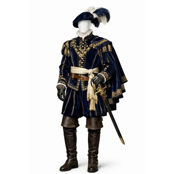 Costume da Nobiluomo Rinascimentale del XVI Secolo su Misura, Abito Storico Blu Navy Stile Tudor per Eventi e Cosplay