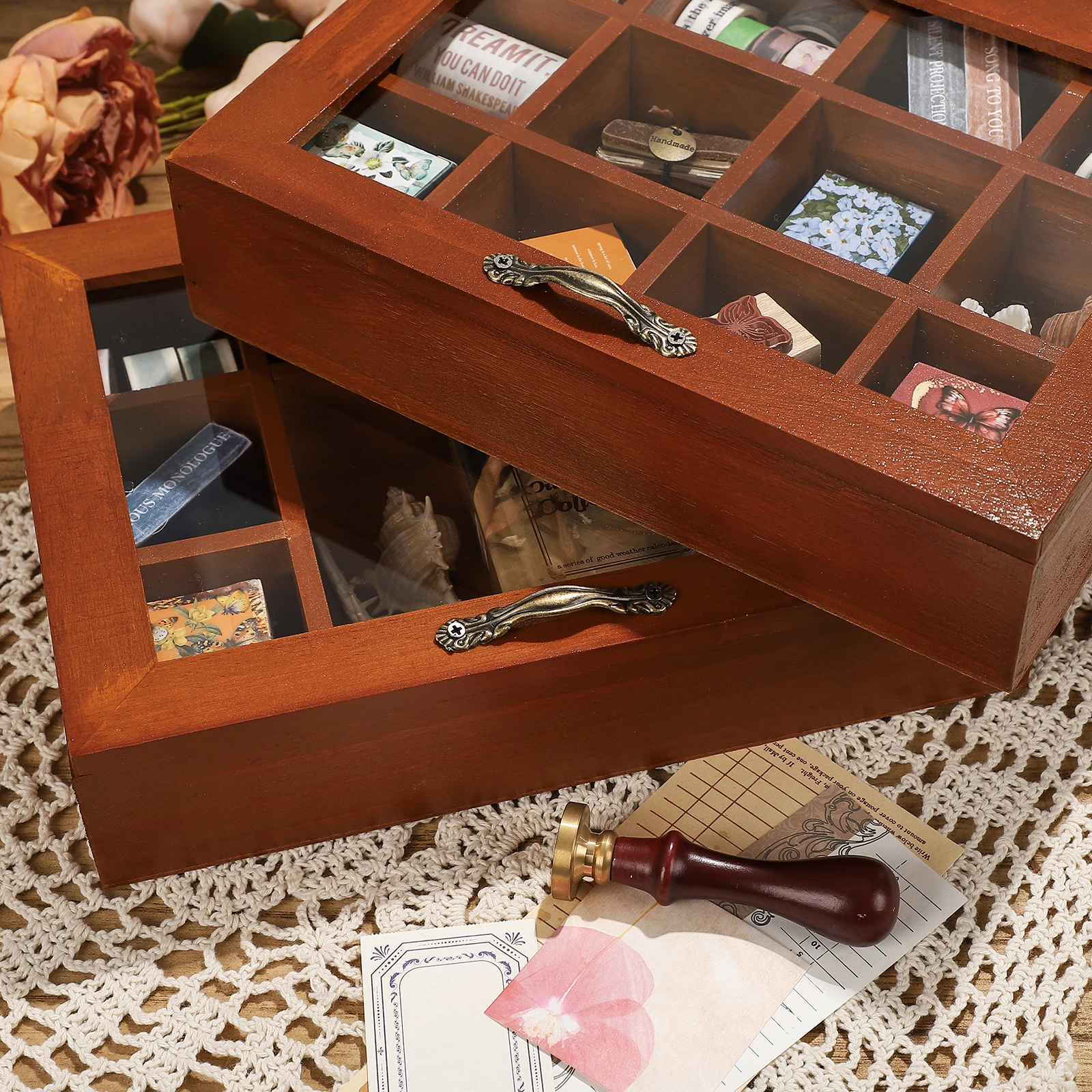 9/12 Grid Vintage Solid Wood Jewelry Storage Box Creative DIY Journal Material Storage Student Supplies Stationery