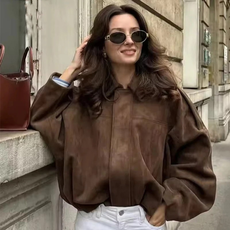 Women Coffee Suede Jacket Coat 2026 Spring Autumn New Fashion Long Sleeve Zipper Loose Bomber Jackets Chic Casual Streetwear ﻿ ﻿