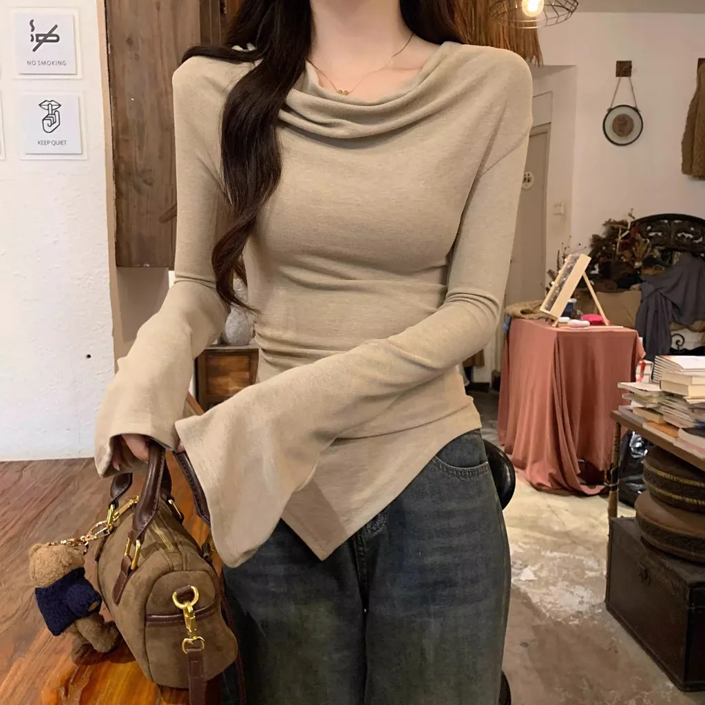 Women Slim Fit Long Sleeve Top Cowl Neck Off Shoulder Irregular Hem Bodycon Tee Casual Y2K Streetwear Blouse 5