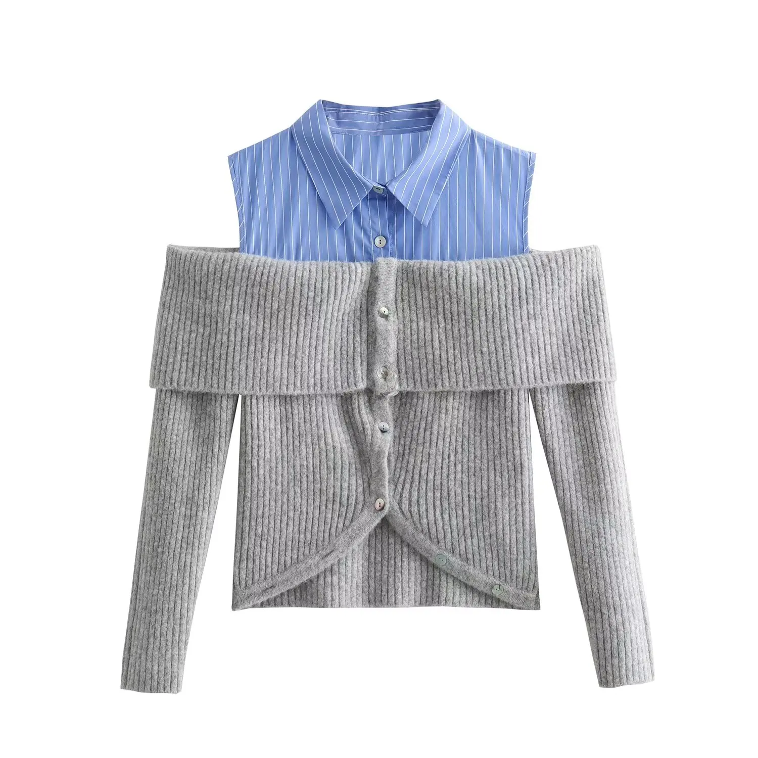 

Women New Fashion Open Design Patchwork Knitted Sweater Vintage Long Sleeve Button All-match Casual Female Outerwear Chic Tops