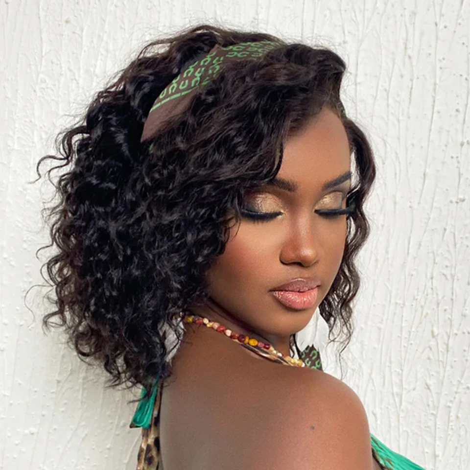 Brazilian Human Hair Lace Front Wigs Water Wave C Parted Glueless Undetectable Minimalist With Bangs Short Curly Bob