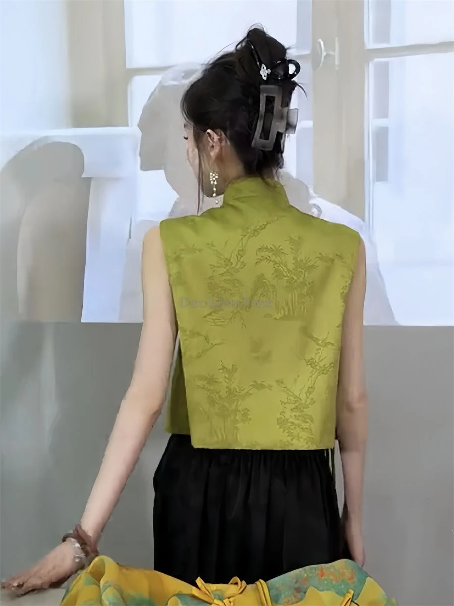 2025 new chinese style printed retro waistcoat women spring and autumn tassek buckle cheongsam vest sleeveless tang suit vest
