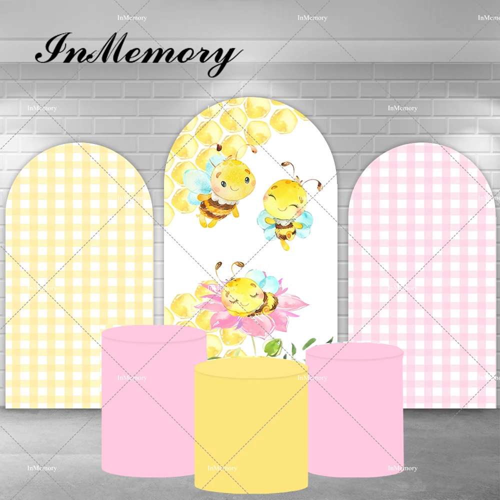 

Cartoon Honey Bee Theme Kids Gender Reval Party Chiara Arched Backdrop Yellow Pink Pedestal Covers Doubleside Supplier