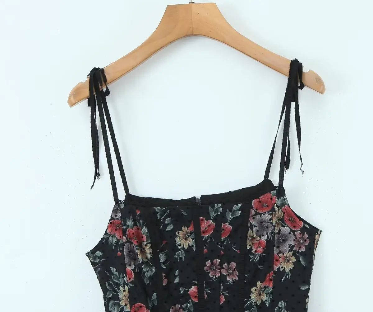 Women Black Floral Print Corset Style A-line Mini Dress With Mesh Bra Detail