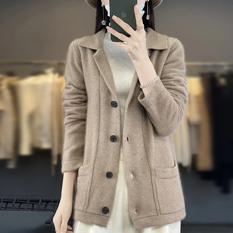 

2023 Autumn Winter New Mink Fleece Cardigan Women's Suit Collar Long Sleeve Loose Solid Pocket Warm Thickened Mink Fleece Coat