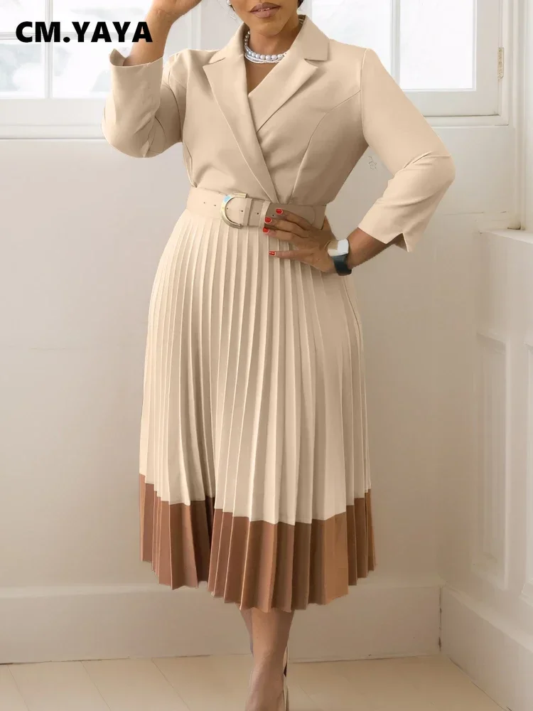 CM.YAYA Fashion Full Sleeve Notched Neck Solid High Waist Belt Dress Women Autumn Office Lady Pleated Long Africa Midi Dresses 1