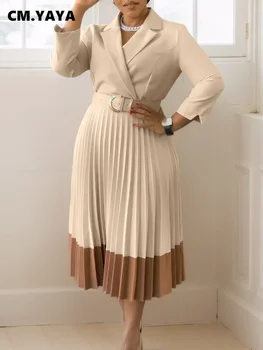 CM.YAYA Fashion Full Sleeve Notched Neck Solid High Waist Belt Dress Women Autumn Office Lady Pleated Long Africa Midi Dresses 1