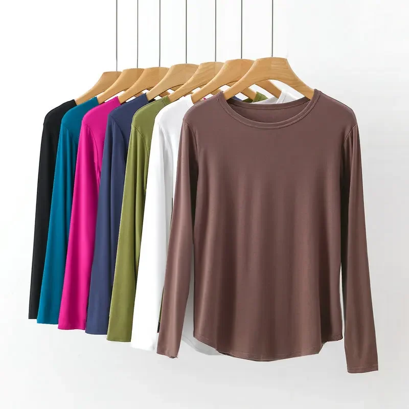 

Threaded Cotton Round Neck Bottoming Shirt Women's Spring and Autumn Long-Sleeved T-shirt Thin Slim Fit All-Matching Clothes