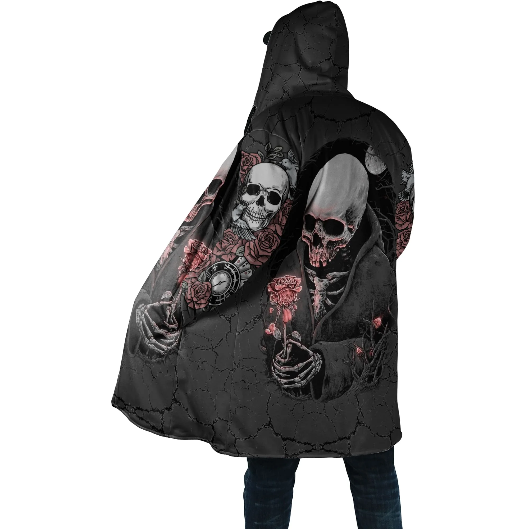 PLstar Cosmos Herren-Umhang, Totenkopf, Teufel, Tattoo, 3D-Allover-bedruckter Fleece-Kapuzenumhang, Unisex, lässig, dick, warm, Umhang, Mantel PF71 – Detail 19