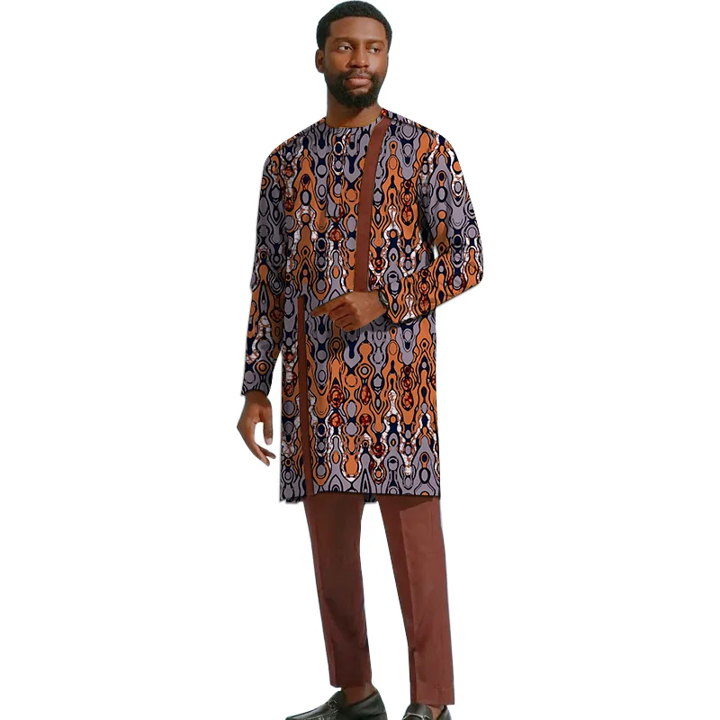 Brown Cotton Long Sleeves Men's Sets Patchwork Shirt Cotton Solid Pant Male Nigerian Fashion Outfits African Wedding Party Wear