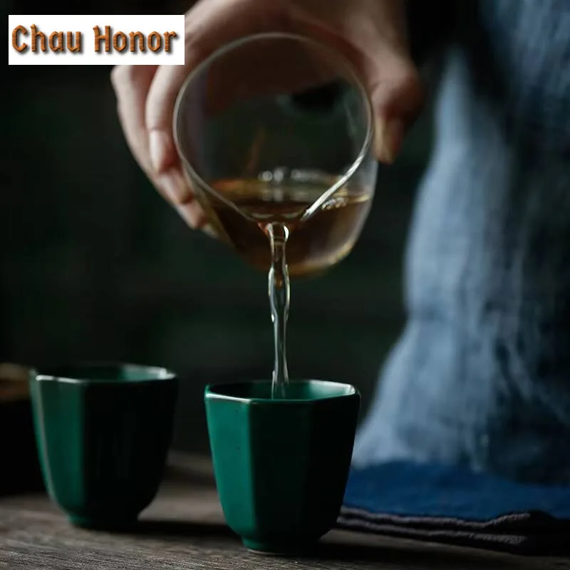 2pcs /set Japanese Style Turquoise Coarse Ceramic Star Anise Smelling Cup Household Kung Fu Tea Set Tea Ceremony Drinkware 45ml