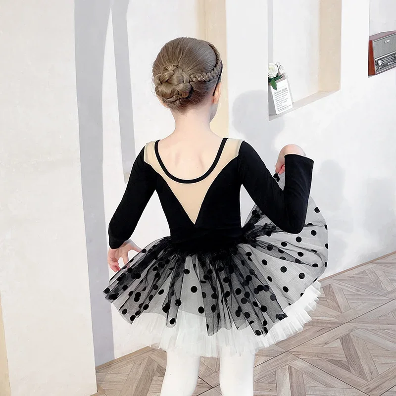 Black Dots Girls Training Skirt Children's Dance Clothes Grading Split Ballet Dress Kids Leotard For Gymnastics Long Sleeve Soft