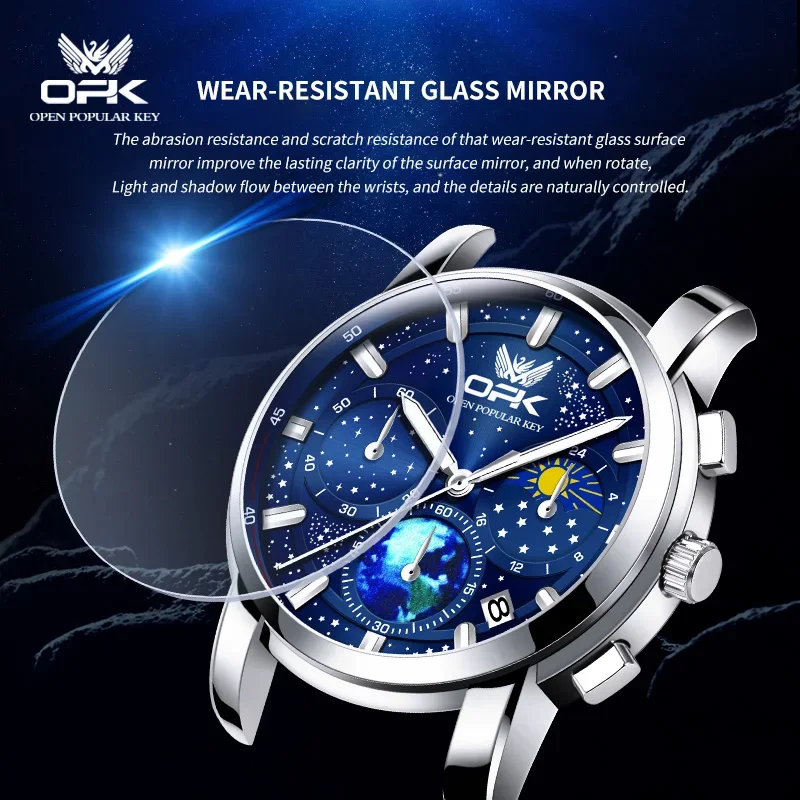 OPK 8142 Quartz Watches for Men Starry Sky Display Moon phase Multifunctional Stainless Steel Waterproof Luxury Mens Watch