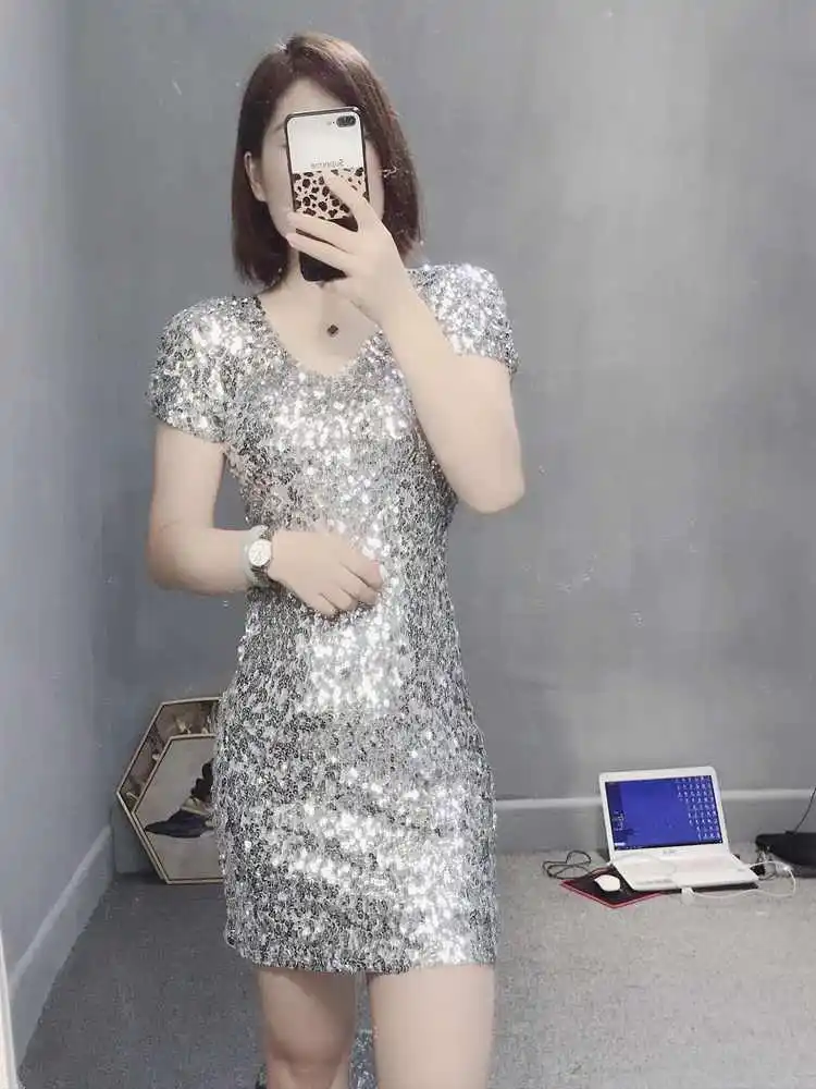 2023 European style V-neck full sequin fashion sexy dinner jumpsuit sleeve silver bubble sleeve tight bag hip skirt