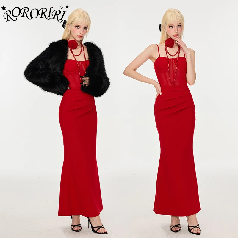 

RORORIRI Retro Red Boned Croset Long Dress Women Sheer Mesh Patchwork Spaghetti Straps Fishtail Bodycon Evening Party One-piece