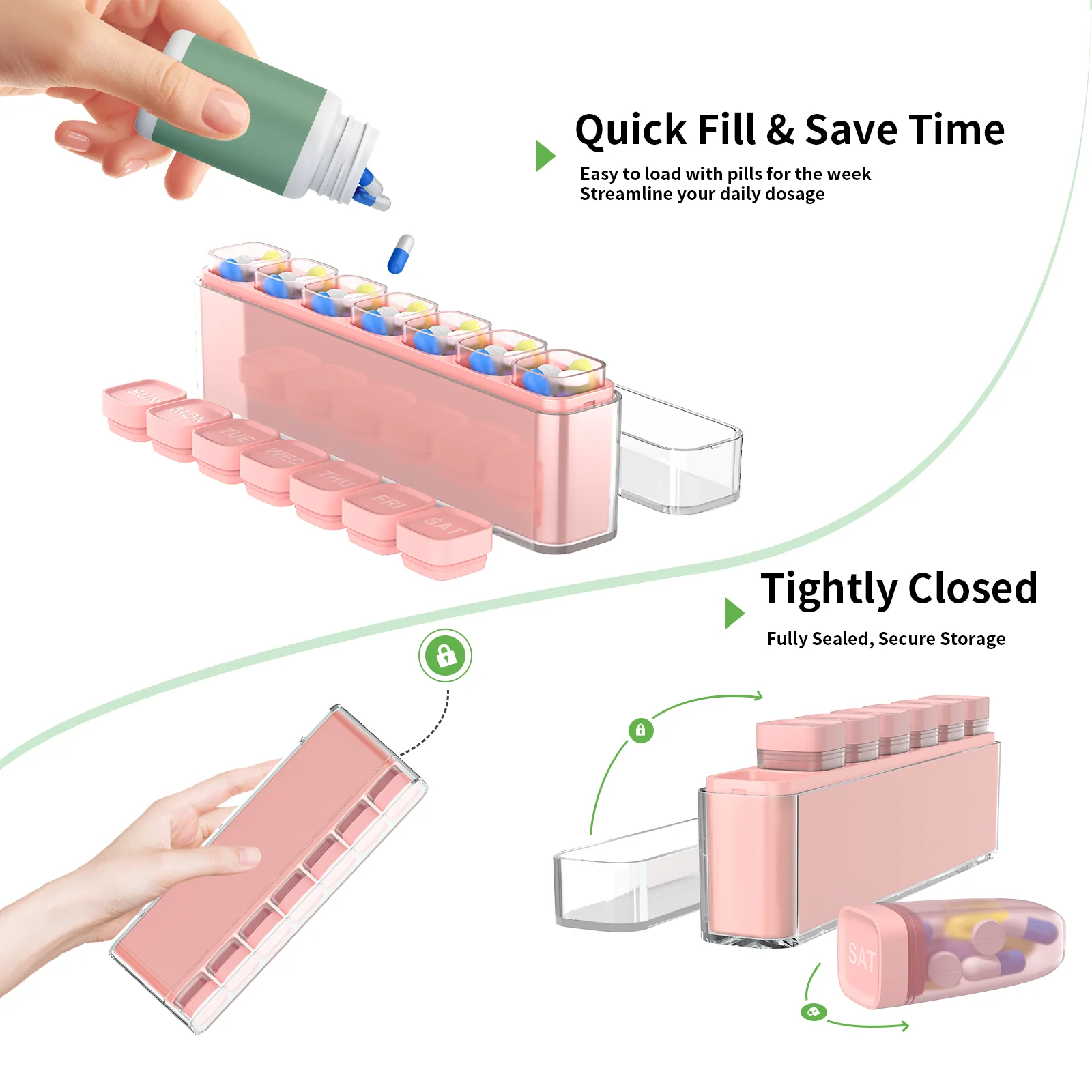 Compact Pill Organizer Travel Case | Detachable Daily Dispenser with Color-Coded Compartments