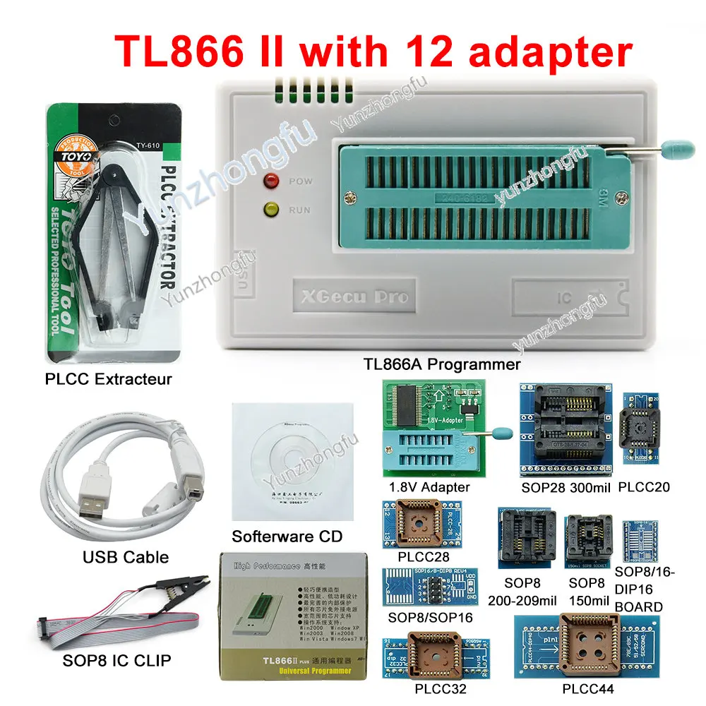 TL866II Plus – programmateur Minipro universel avec 28 adaptateurs + SPI + Clip de test PIC Bios, programmateur haute vitesse