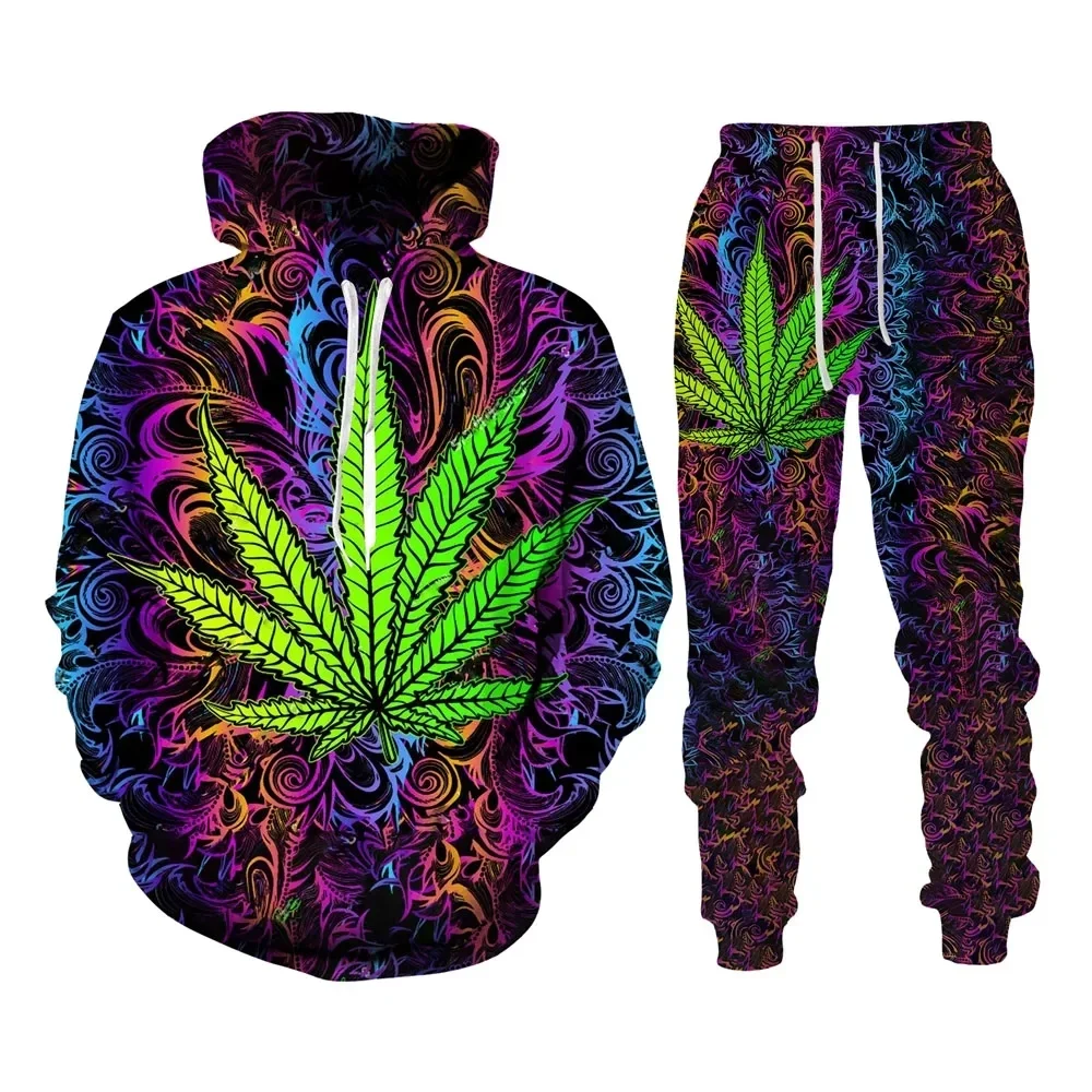 

New 3D Printing Couple Tricolor Maple Leaves Fashion Men Women Tracksuits Crewneck Hoodies+pants Plus Size S-7XL Men Clothing