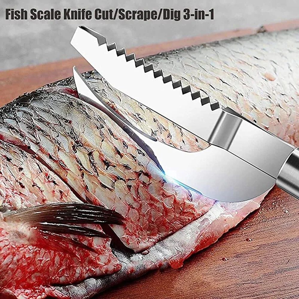 Fish Scale Scraper 3 In 1 Stainless Steel Fish Scale Knife Sawtooth Peelers Scraping Boning Filleting Stomach Digger Kitchen Tools