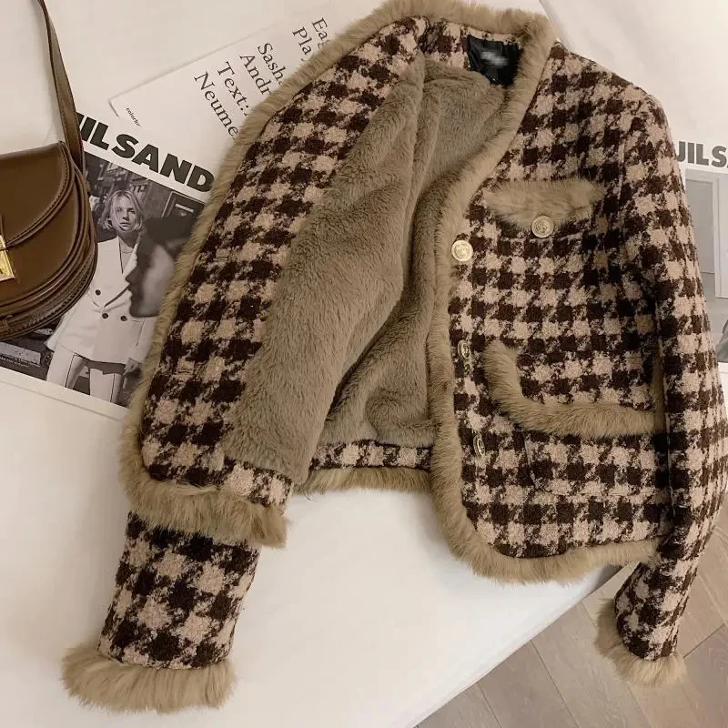 

MEXZT Vintage Fleece Plaid Tweed Jacket Women Elegant Houndstooth Cropped Coat Winter Korean Velvet Thick Warm Short Outerwear