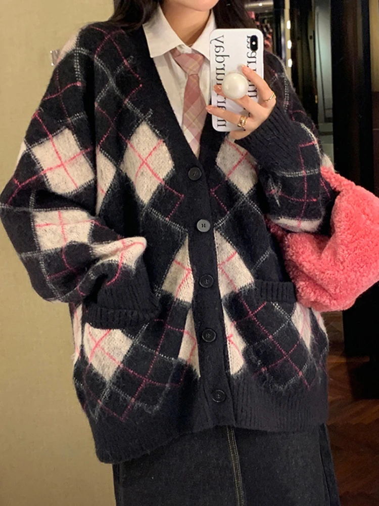 Plaid Oversized Cardigans Long Sleeve Loose Knitted Sweater Woman Winter 2022 New Harajuku