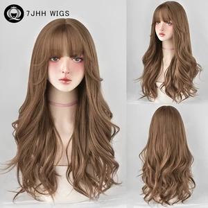 7JHH WIGS Honey Brown Wigs for Women High Density Synthetic Layered Brown Hair Wigs with Neat Bangs Cosplay Party Wig Lolita