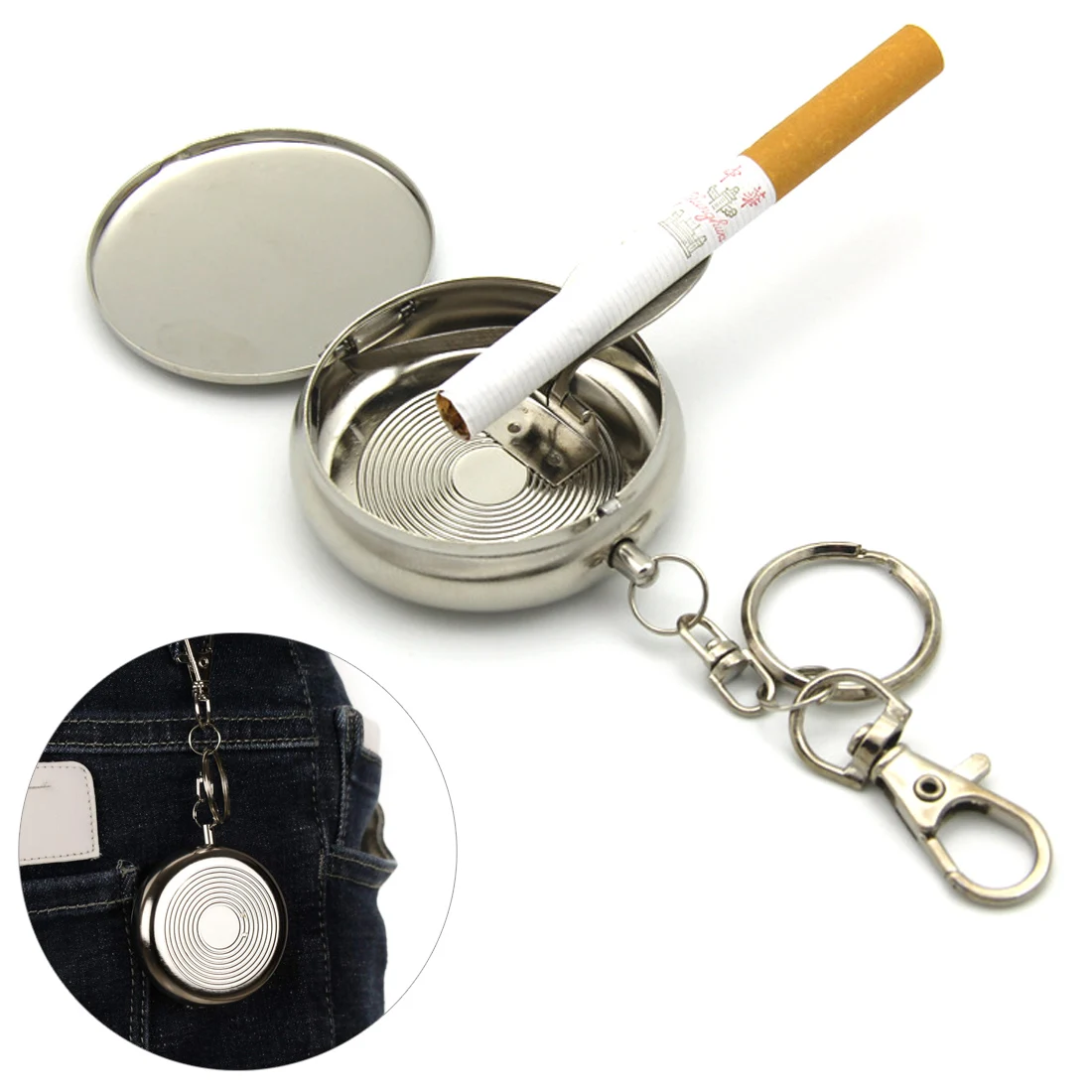 

Stainless Steel Mini Portable Ashtray Travel Cigarette Ashtray Key Chain With Lid For Travelling, Picnic, Indoor Auto, Home, Car