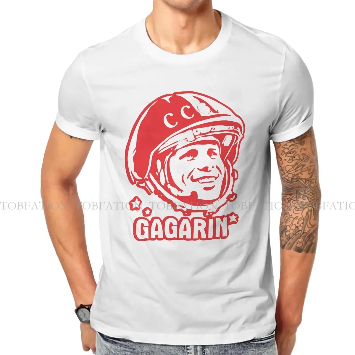 

Russian USSR CCCP Creative TShirt for Men Yuri Gagarin Round Neck Pure Cotton T Shirt Personalize Birthday Gifts Tops