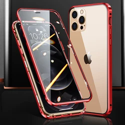 360° Full Protection Magnetic Metal Phone Case with Double-Sided Glass Bumper Cover for iPhone 13 (Red)