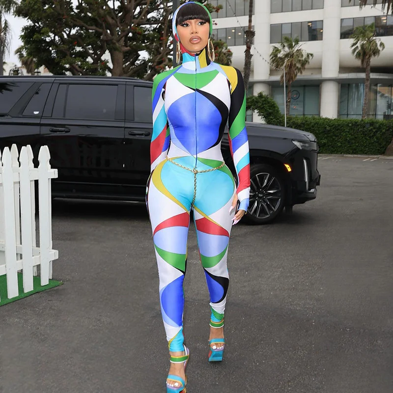 

Zabrina Chic Print Long Sleeve Jumpsuit 2023 Autumn Winter Trendy Hooded Skinny Y2k Jumpsuits Female Halloween Club Wear Party