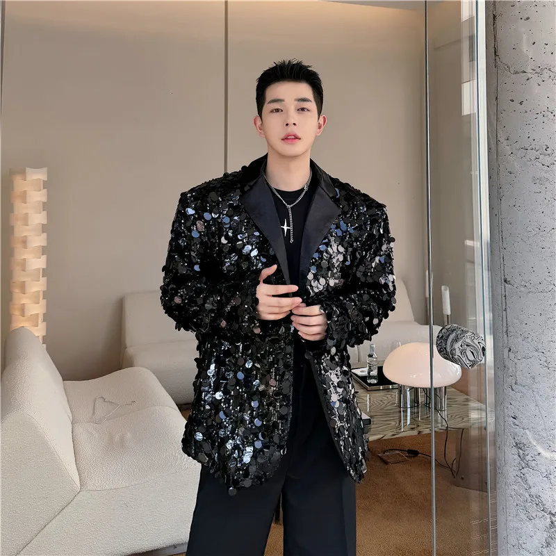 Koreai men's sequins Blézer glitters bling Angol kosztüm kabátok Énekes színpadon Ragyogó Öltözés Sztrájktörő Ezüst- Túlméretes nagyság Félfogadás Angol kosztüm Köntös Férfi