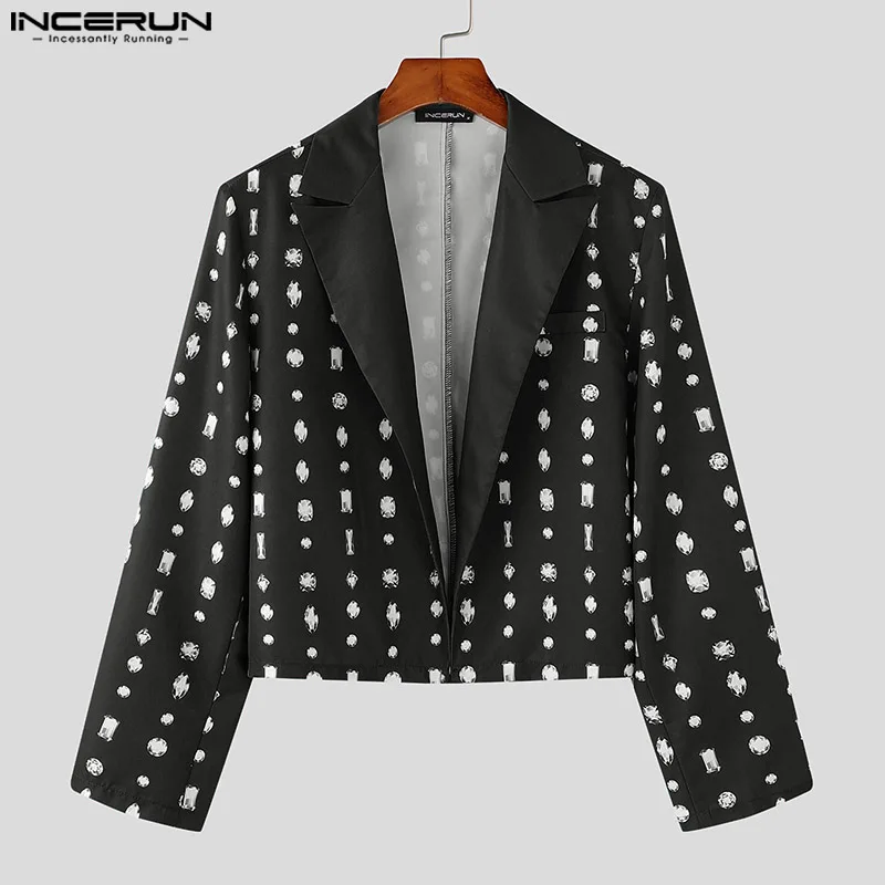 Men Blazers Lapel Collar Long Sleeve Open Front Diamond Printed Loose Cropped Jacket Coat
